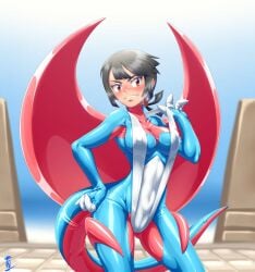 1girls black_hair bodysuit breasts cosplay fake_tail fake_wings large_breasts latex_bodysuit looking_at_viewer mega_salamence mega_salamence_(cosplay) nintendo pokemon pokemon_(cosplay) pokemon_oras red_eyes salamence salamence_(cosplay) short_hair sinrin8210 tail wings zinnia_(pokemon)