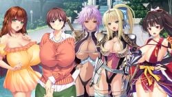 5girls angry_eyes argument bare_shoulders black_hair blonde_hair brown_hair cleavage closed_mouth clothed_female discussion edit edited_image female female_knight female_only fukunaga_koharu game_cg gigantic_breasts gladys_von_walkenheim huge_breasts hyper_breasts isis_petrovna_ellenskaia kashima_hikari kyonyuu_fantasy kyonyuu_fantasy_gaiden kyonyuu_fantasy_gaiden_2 kyonyuu_reijou_mc_gakuen large_breasts long_hair lune maou_ga_gendai_sekai_ni_tensei_shitara_oppai_o_medenakute_wa_naranaku_natta_ken married_woman massive_breasts mature_female moonstone_cherry nipples_visible_through_clothing open_eyes open_mouth pool purple_hair queen schoolgirl sex_open_world_e_youkoso! short_hair sword weapon yawato_iroha