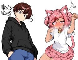 1boy 1girls alternate_species animal_collar animal_ears animal_tail bell bell_collar black_hoodie blush blushing blushing_profusely cat_bell cat_collar cat_ears cat_girl cat_tail catgirl collar ddlc:_alt_(somniserotonin) doki_doki_literature_club english_text frilly_skirt heart-shaped_pupils heterochromia hoodie horny horny_female in_heat inner_ear_fluff mc_(doki_doki_literature_club!) natsuki_(doki_doki_literature_club) neko nekomimi pink_eyes pink_hair pink_skirt skirt small_breasts somnipheromone steamy_breath tail text unepicroachy white_shirt