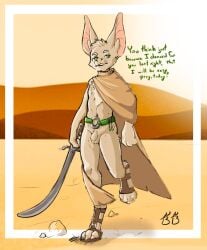 anthro balls bat bat_ears bedtime_buck belt belt_buckle buckle casual_exposure casual_nudity chest_tuft cloak cloak_only clothing desert desert_background desert_bat digital_media_(artwork) english_text footwear fur genitals green_eyes hi_res holding_melee_weapon holding_object holding_weapon humanoid_genitalia humanoid_penis male mammal melee_weapon mostly_nude mostly_nude_anthro mostly_nude_male penis sandals scimitar shoes solo sword tan_body tan_fur text tuft turo_of_akesh weapon wingless_bat