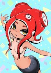 agent_8_(octo_expansion) agent_8_(splatoon) hair_covering_breasts koharuno2 octoling octoling_girl red_hair skirt splatoon splatoon_(series) splatoon_2 splatoon_2:_octo_expansion tagme tanline tanlines tease tentacle_hair topless topless_female