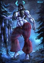 abs big_breasts black_hair blue_skin bluewolfartista demon demon_girl fanart forest giantess huge_breasts muscular muscular_female ogre ogre_female ogre_girl oni oni_female pale_skin taller_female taller_girl winter