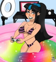 bikini black_hair clown clown_girl clown_makeup controller dc dc_comics dopeisnukat female green_fingernails green_lipstick pool punchline_(dc) supervillainess