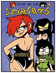 2girls bedroom_eyes black_hair breasts_out cloak comic comic_cover demon_girl large_breasts lesbian light-skinned_female long_hair looking_back radio_(artist) red_hair short_hair simple_background succubus_ruckus title yuri