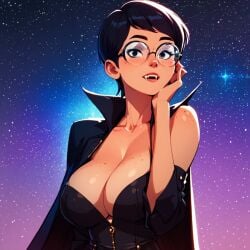 1girls ai_generated big_breasts black_cape breasts breasts busty busty_female carmen_sandiego_(2019) carmen_sandiego_(franchise) cleavage collar female female female_focus female_only glasses huge_breasts julia_argent julia_argent_(carmen_sandiego) large_breasts lips lipstick looking_at_viewer night night_background night_sky night_time no_bra open_mouth pointy_teeth short_hair solo solo_female solo_focus standing vampire vampire_fangs vampire_girl vampire_teeth zupern0va_(manipper)