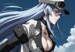 akame_ga_kill! blue_eyes blue_hair breasts breasts clothed clothing echodantalian esdeath esdeath_(akame_ga_kill!) girl long_hair military_cap military_uniform strong_woman uniform white_clothing