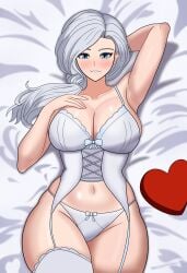 blue_eyes blush bojack198 corset garter_straps hand_behind_head hand_on_own_breast heart_box large_breasts lingerie mature_female milf rooster_teeth rwby side_ponytail smile solo thick_thighs thighhighs valentine's_day white_hair white_lingerie white_panties wide_hips willow_schnee