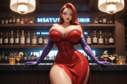 1girl 1girls abs ai_generated bar bar_counter big_breasts blush bottle breasts curvy cutout earrings female fit_female from_below gloves green_eyes high_resolution huge_breasts indoors jessica_rabbit long_hair long_sleeves looking_at_viewer muscular narrow_waist purple_eyeshadow purple_gloves red_dress red_hair red_lipstick smug spectreai standing thick_thighs who_framed_roger_rabbit wine_glass