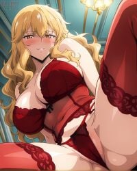 ai_generated big_breasts blonde_hair classy elegant elegant_room eroero_waifus gina_(solo_leveling) legs_apart milf red_lingerie solo_leveling thick_thighs