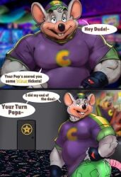 2025 anthro arcade ass backwards_baseball_cap bara belly big_butt cafeaubandage chubby chubby_belly chubby_male chuck_e_cheese chuck_e_cheese_(franchise) comic dialog dialogue digital_art digital_drawing_(artwork) digital_media_(artwork) dilf furry furry_male gay green_shorts grey_fur inviting_to_sex male mascot mouse murid muscles muscular muscular_male