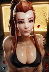 1girls abs ai_generated antifragile_bb big_breasts boots brigitte brigitte_lindholm eyelashes female le_sserafim muscular_arms muscular_female overwatch overwatch_2 pornlandlord red_hair sweat