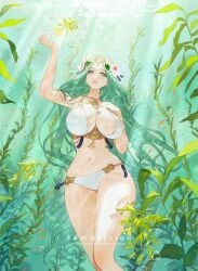 absurdres air_bubble arm_up bare_legs bikini bubble cleavage commission female fire_emblem fire_emblem:_three_houses fire_emblem_heroes fish flower green_eyes hair_flower hair_ornament highres huge_breasts kelp leafy_seadragon legs_together long_hair navel nintendo official_alternate_costume rhea_(fire_emblem) rhea_(summer)_(fire_emblem) seahorse smile solo stomach sumustard sunlight swimsuit tassel thighs underwater very_long_hair white_bikini