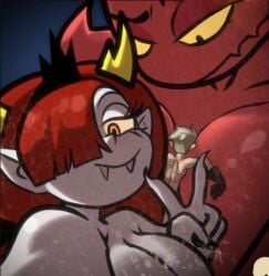 1boy 2girls after_sex between_breasts claws cleavage colored_skin crossover crown eyelashes fangs hekapoo horns jcm2 looking_at_viewer lucia_(satina) one_eye_covered one_eye_obstructed peace_sign red_body red_hair satina satina_wants_a_glass_of_water selfie size_difference smiling smiling_at_viewer star_vs_the_forces_of_evil taller_girl third-party_edit v_sign white_body yellow_sclera