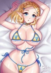 1girls bikini blonde_hair blue_bikini blue_eyes blue_swimsuit breasts choker crown_braid hairclip large_breasts looking_at_viewer midriff navel nintendo princess_zelda sevie seviesphere short_hair side-tie_bikini side-tie_swimsuit swimsuit tears_of_the_kingdom the_legend_of_zelda triforce triforce_bikini triforce_swimsuit