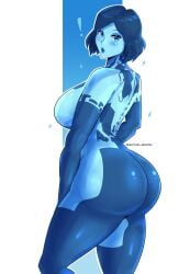 1girl 1girls 2d 2d_(artwork) big_ass big_breasts big_butt blue_body blue_hair blue_skin blush blushing bob_cut breasts cortana halo_(game) halo_(series) halo_4 high_resolution highres leg_up looking_at_viewer looking_back looking_back_at_viewer pose posing solo solo_female spartandoodles surprised thick_ass thick_thighs