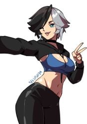 1girls breasts cleavage female female_only luna_snow luna_snow_(marvel_rivals) marvel marvel_rivals midriff navel peace_sign selvish94 tongue tongue_out v wink