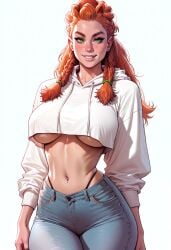 1girls ai_generated aloy big_breasts black_thong breasts civitai crop_top denim female freckles green_eyes highleg_thong hoodie horizon_zero_dawn light-skinned_female light_skin long_hair navel navel_piercing necklace orange_hair panviewai pinup red_hair thighs thong tribal underboobbaggy_clothing