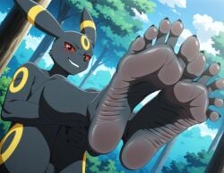 ai_generated anthro background black_fur black_toenails feet feet_together foot_fetish fuealahomg furry high_resolution highres nature nature_background pokemon pokemon_(species) red_eyes sitting smiling soles solo spread_toes toenails toes umbreon wrinkled_soles yellow_fur