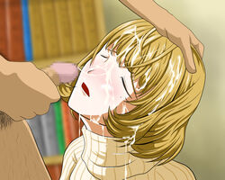 * 14mm aoki_yuriko bakuman blonde_hair blush censored closed_eyes cum facial short_hair