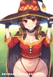 ai_generated blush brown_hair cape crop_top gloves konosuba megumin outdoors red_eyes see-through see-through_clothing small_breasts standing thong wanuze wide_hips witch_hat