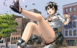 1girls 4boys accidental_destruction black_hair building car clumsy corpsmanwelt destruction falling giantess street tree