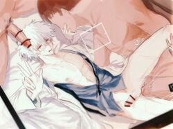 0a_bohr 3boys anal anal_sex bar_censor blush bottomless class_3-z cum cum_on_face erection gangbang gay gintama gintoki_sakata glasses half-closed_eyes labcoat male male_only mmm_threesome multiple_boys official_alternate_costume open_shirt pale-skinned_male pale_skin penis red_eyes smile solo_focus teacher threesome toned v v_sign white_hair yaoi