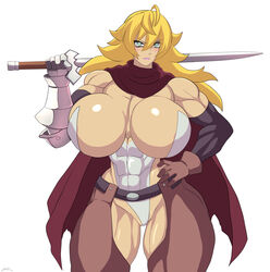 1girls abs areola_slip arm_sleeves bikini_armor blonde_hair blush breasts bursting_breasts cleavage female female_only hand_on_hip huge_ass huge_breasts hyper hyper_breasts looking_at_viewer muscles muscular_female original pale_skin perky_breasts pose solo sword text thick_thighs thighs tight_clothing vivian watermark weapon wide_hips zetarok