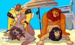 anal anal_sex anthro barely_visible_genitalia barely_visible_penis beach belly big_belly black_mane bowser breasts canid canine disney felid female foursome fox genitals group group_sex hi_res himbo himbofication koopa lion male male/male mammal mane mario_bros marius mufasa nintendo nipples nude nude_beach orange_body pantherine penetration penis public public_exposure public_nudity public_sex rileymorningstar scalie sex tan_body the_lion_king yellow_body