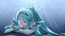 caustics closed_eyes female gloves green_hair highres light_rays long_hair pneuma_(xenoblade) ponytail sarasadou_dan solo spoilers sunbeam sunlight swept_bangs tiara underwater upper_body very_long_hair xenoblade_(series) xenoblade_chronicles_2