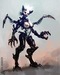 2012 blades breasts claws cyborg dark feline female flesh hybrid machine mechanical metal_limbs nipples nude plain_background robotic stare teeth weapon