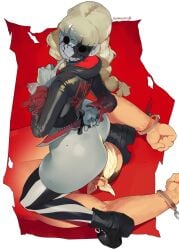 1boy absurdres arm_behind_back arms_up ass black_skin blonde_hair breasts broken_skin colored_skin female grey_skin highres jacket large_breasts long_hair long_sleeves nipple_piercing nipples norasuko original piercing red_background red_jacket shiny_skin straight striped_clothes striped_thighhighs thighhighs white_background