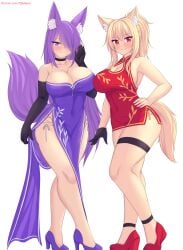 blonde_hair breasts cat_ears catgirl cheongsam cleavage collaboration fox_ears fox_girl foxykuro high_heels kuro_(foxykuro) purple_eyes purple_hair qipao tagme tail tiffy tiffynyaa