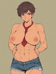 1girls abs ai_generated big_breasts breasts covered_nipples cutoffs denim_shorts fit fit_female huge_breasts jean_shorts kosine1777 kosineverse massive_breasts muscle_girl muscular muscular_female necktie necktie_between_breasts nipples original original_character red_necktie reiko_(kosine1777) short_hair short_shorts shorts tie tie_between_breasts tomboy toned toned_abs toned_body toned_female toned_stomach top_heavy topless