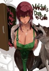 absurdres apron bite_mark braid braided_ponytail canine chainsaw_man female green_apron highres implied_bestiality looking_at_viewer makima_(chainsaw_man) mamimi_(mamamimi) nipple_slip nipples pantyhose red_hair ringed_eyes saliva sweat yellow_eyes