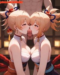 1boy 2girls ai_generated artifical_art balls blonde_female blonde_hair double_blowjob genshin_impact girl group_sex hair_ornament licking licking_penis medium_hair oral_sex orange_eyes penis perfect_body red_choker yoimiya_(genshin_impact)