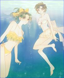 2girls alluring ami_mizuno barefoot bikini bikini_skirt bishoujo_senshi_sailor_moon blue_eyes blue_hair bow cleavage earrings freediving frilled_bikini frills green_eyes green_hair grey_eyes grey_hair hairbow jewelry kaiou_michiru michiru_kaiou mizuno_ami multiple_girls ponytail ruffle_bikini shamko short_hair side-tie_bikini_bottom swimming swimsuit underwater water wavy_hair