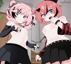 animated doki_doki_literature_club eclipxare fishnets goth laughing looking_at_viewer looking_down natsuki_(doki_doki_literature_club) sayori_(doki_doki_literature_club) shirtless skirt topless twintails two_side_up