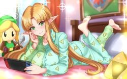 1girls a_link_between_worlds bed bedroom blonde_hair blue_pajamas breasts character_doll game_console green_eyes green_pajamas holding_nintendo_switch large_breasts laying_on_bed link long_hair looking_at_viewer multicolored_pajamas nez-box nintendo nintendo_switch on_bed pajamas pillow princess_zelda the_legend_of_zelda