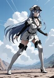 ai_generated akame_ga_kill! blue_eyes blue_hair boots breasts clothed clothing echodantalian esdeath esdeath_(akame_ga_kill!) girl high knee-high_boots long_hair strong_woman uniform white_clothing