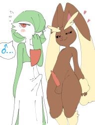 2025 3_fingers 4chan_anon anthro arm_tuft balls bedroom_eyes biped black_sclera blush blush_lines brown_body brown_fur bulge chest_spike clothing colored digital_media_(artwork) duo ear_tuft emanata erection erection_under_clothing fingers floppy_ears fur gardevoir generation_3_pokemon generation_4_pokemon genitals green_body green_hair green_skin hair hair_over_eye hand_behind_back hand_on_face heart_symbol hi_res humanoid leg_tuft looking_aside looking_at_viewer lop_ears lopunny male multicolored_body multicolored_fur multicolored_skin narrowed_eyes nintendo open_mouth penis pink_inner_ear pink_nose pokemon pokemon_(species) portrait pseudo_clothing pupils red_eyes seductive side_by_side simple_background smile smiling_at_viewer spikes spikes_(anatomy) standing tapering_penis three-quarter_portrait three-quarter_view tuft two_tone_body two_tone_fur two_tone_skin unknown_artist white_background white_body white_sclera white_skin wrist_tuft yellow_body yellow_fur