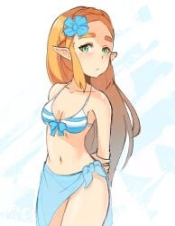 1girls bikini blonde_hair blue_bikini blue_swimsuit breasts breath_of_the_wild coolisushi crown_braid green_eyes hair_flower long_hair looking_at_viewer midriff navel nintendo princess_zelda sarong small_breasts striped_bikini striped_swimsuit swimsuit the_legend_of_zelda white_bikini white_swimsuit