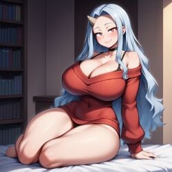1girls aged_up ai_generated arm_support bare_legs bare_shoulders bed big_breasts boku_no_hero_academia bookshelf bra bra_strap breasts cameltoe choker cleavage covered_navel curled_up desk eri_(my_hero_academia) female huge_breasts impossible_clothes indoors legs_folded legs_together long_eyelashes long_hair long_sleeves my_hero_academia no_pants novelai on_bed panties ribbed_sweater seductive seductive_look seductive_smile single_horn sitting sitting_on_bed smile solo sweater tgm101_(artist) thick_thighs thin_waist v-neck wide_hips