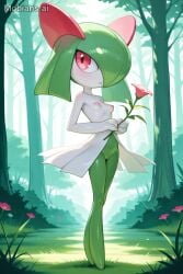 ai_generated alternate_breast_size big_breasts breasts_out casual casual_exposure casual_nudity flower forest gardevoir green_hair innocent kirlia nude nude_female on_model perky_nipples pink_nipples pokemon pokemon_(species) pussy red_eyes small_breasts vagina white_skin