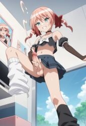 1boy 1femboy ai_generated arikawa_kaguya balls blue_eyes crossdressing cum cumshot feet feet_up femboy feminine_body feminine_male from_below himegoto masturbation penis pink_hair smile smiling_at_viewer socks stepped_on testicles trap