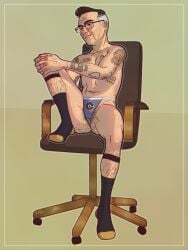 cuntboy cuntboy_only cuntboy_sans_balls emetofiles glasses greying_hair inside_job jr_scheimpough office_chair older_cuntboy sock_garters socks tattoo thong