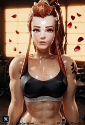 1girls abs ai_generated antifragile_bb boots brigitte brigitte_lindholm eyelashes female le_sserafim muscular_arms muscular_female overwatch overwatch_2 pornlandlord red_hair sweat