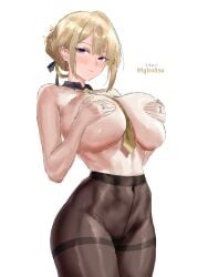 1girls between_breasts blonde_hair blush braid breasts collarbone cowboy_shot evelyn_chevalier hair_bun highres igiroitsu large_breasts long_hair looking_at_viewer mixed-language_text mole mole_under_eye navel necktie necktie_between_breasts nipples pantyhose parted_lips purple_eyes short_hair sidelocks simple_background solo standing thighband_pantyhose thighs topless twitter_username underwear white_background zenless_zone_zero