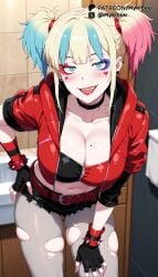 ai_generated asymmetrical_sleeves bathroom belt bent_over black_choker black_gloves black_shorts blonde_hair blue_eyes blue_hair blush bracelet breasts buckle choker cleavage collar collarbone crop_top dc_comics ear_piercing earrings eyeliner eyeshadow facial_mark female fingerless_gloves gloves hand_on_own_hip hand_on_own_thigh harley_quinn heart indoors jacket jewelry large_breasts leaning_forward lipstick looking_at_viewer makeup mascara midriff mole mole_on_breast multicolored_hair mykibuu navel open_jacket open_mouth pantyhose piercing pink_hair red_jacket red_lips short_shorts shorts sidelocks smile solo spiked_bracelet spikes streaked_hair teeth tongue tongue_out torn_clothes torn_pantyhose twintails two-tone_hair upper_teeth_only zipper