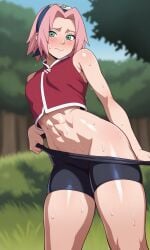 1girls abs ai_generated athletic athletic_female bike_shorts blush boruto:_naruto_next_generations female_only green_eyes headwear naruto naruto_(series) naruto_shippuden no_panties pink_hair pulling_clothing sakura_haruno shiny_skin shy small_breasts solo sweat sweatdrop sweating sweaty teasing tosca undressing