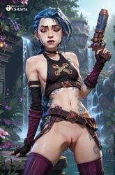 1girls ai_generated arcane bare_shoulders belt blue_hair braid breasts closed_eyes crop_top fingerless_gloves gloves gun hi_res holding holding_gun holding_weapon jinx_(league_of_legends) league_of_legends long_hair navel netflix outdoors pink_thighhighs pussy r34arts riot_games small_breasts solo stomach_tattoo striped_clothes tattoo thighhighs twin_braids uncensored water weapon